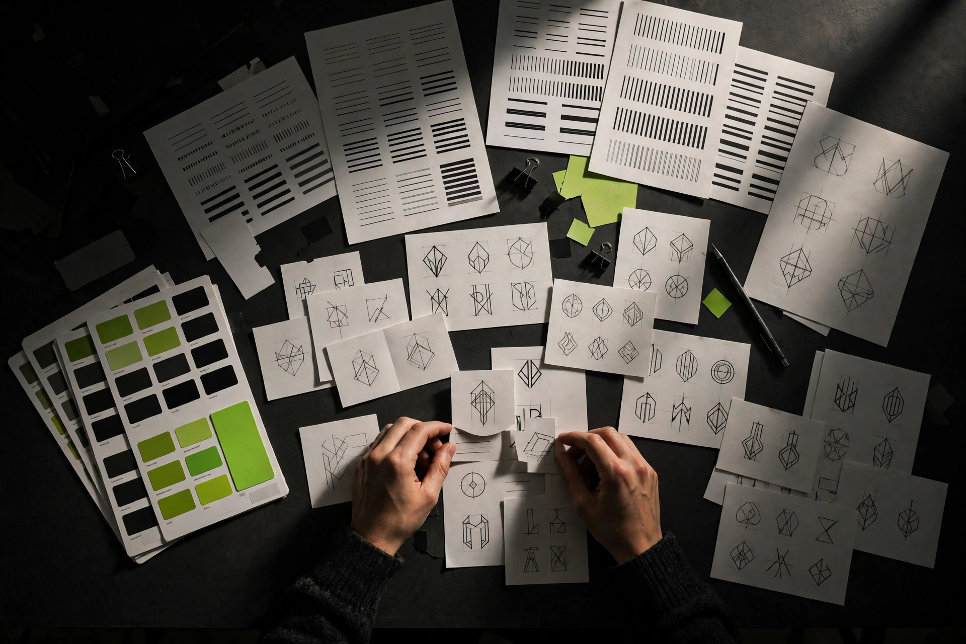 Brand design work: logo sketches and colour swatches on a designer desk