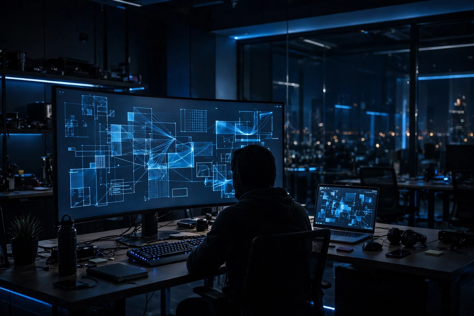 Developer workspace with wireframes and dashboards on a large screen